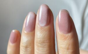 セルフでワンカラーネイルを仕上げた指先。上品なあずき色のワンカラー。