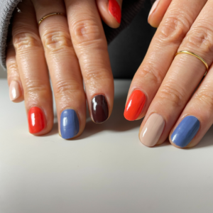 指毎に違う色を塗ったレトロワンカラーネイルでポージングをしている手元のアップ