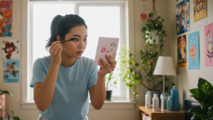 カールキープフィルム処方のマスカラを塗って上向きまつげライフを楽しむ女性