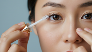 目元にマスカラ又はマスカラ下地を塗ろうとしている女性