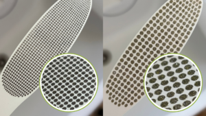 シルキーヒールの削る部分の両面のアップ。片面は目が細かく、反対は目があらい構造でダイヤモンドの粒子の拡大画像も挿入している