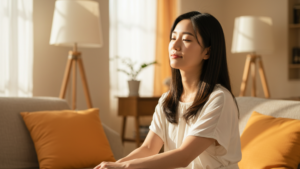 日の入るリビングで女性がリラックスしている様子。生成AI画像