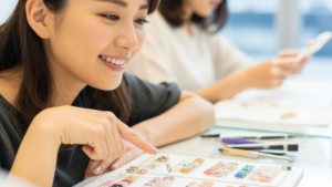 女性がネイルカラーを楽しそうに選んでいる様子