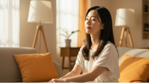 女性が日の入る部屋でくつろいでいる様子。生成AI画像。