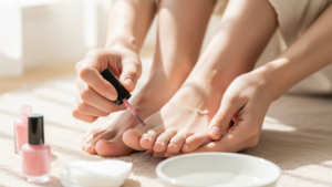 フットにペディキュアを塗ろうとしている女性の足元。生成AI画像。