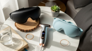 寝室のサイドテーブルに色んな種類のアイケア機器がおいているイメージ。生成AI画像。