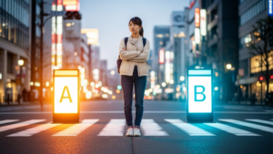 女性がAかBかどちらか迷っている画像。生成AI画像。