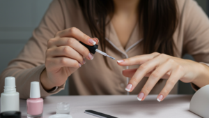 女性がピンクと白の王道フレンチネイルをしている手元のアップ