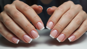 王道のピンクと白のクラシックなフレンチネイルの両手をポージングしているアップ